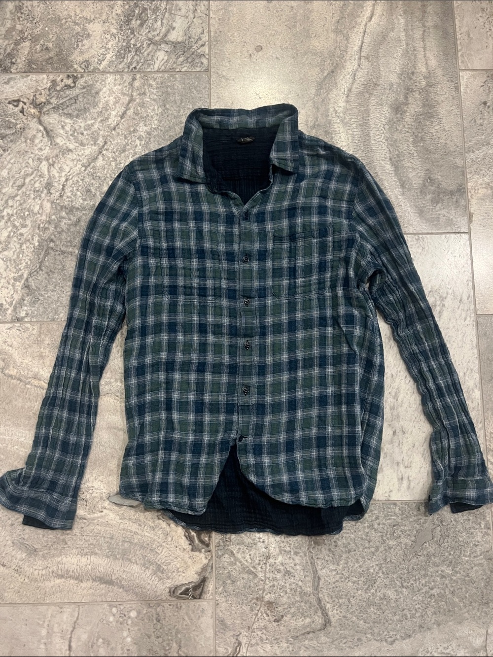 John Varvatos Navy & Teal Plaid Reversible Gauze Lightweight Button Shirt